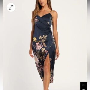 Remarkable Entrance Navy Blue Floral Print Satin Midi Dress